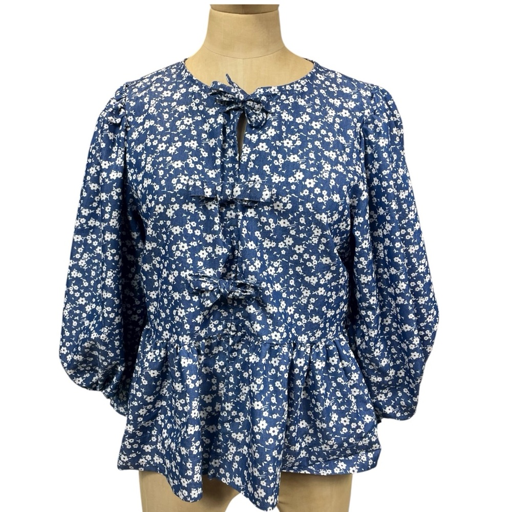 Kaktus Top Peplum Tie Front Indigo Blue Bow Micro Floral Feminine LG Cottagecore